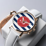 Reloj De Pulsera Monograma del patrón de franjas azul y roja de la<br><div class="desc">El diseño moderno y moderno presenta un patrón de rayas horizontales de moda y puede personalizarse con su monograma,  iniciales,  nombre o cualquier texto que elija.</div>