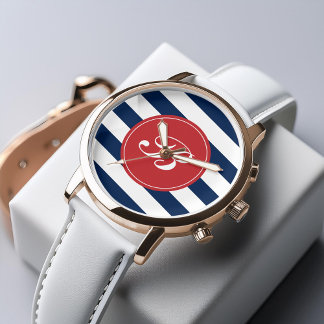 Reloj De Pulsera Monograma del patrón de franjas azul y roja de la 