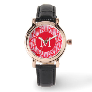Reloj De Pulsera Monograma del patrón de vieira rojo y blanco