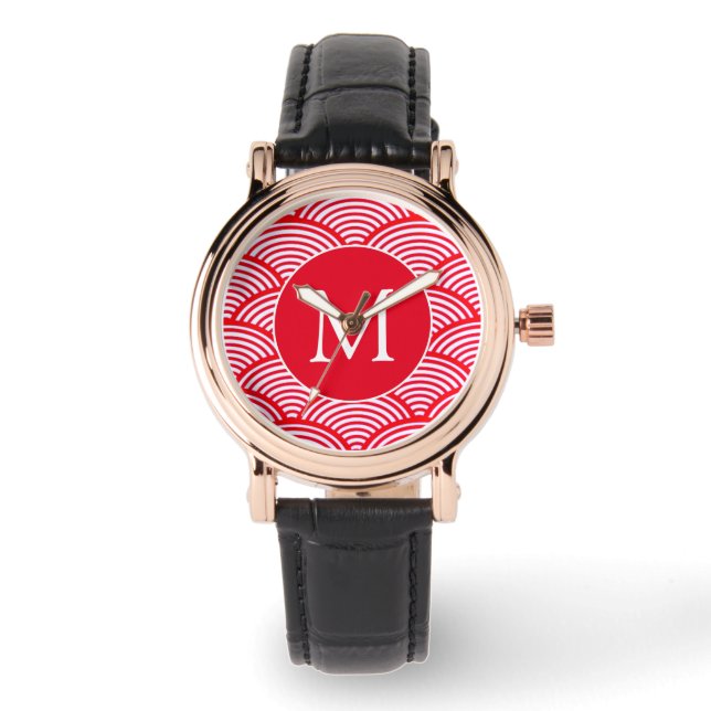 Reloj De Pulsera Monograma del patrón de vieira rojo y blanco (Anverso)