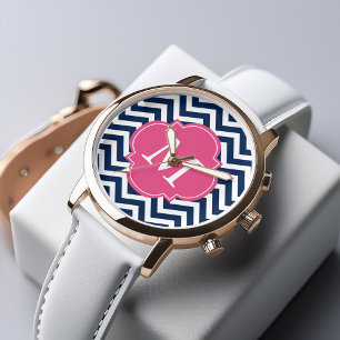 Reloj De Pulsera Monograma del patrón de zigzags azul y rosa calien