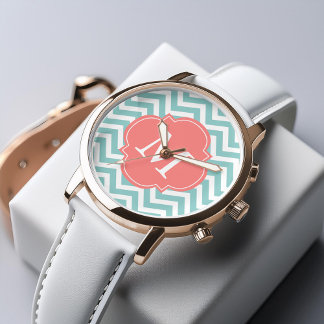 Reloj De Pulsera Monograma del patrón de zigzags de fábrica y coral