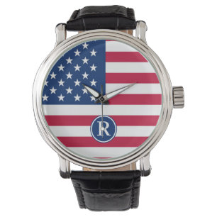 Reloj De Pulsera Monograma del Personalizado azul blanco rojo patri