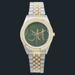 Reloj De Pulsera Monograma del Purpurina de oro verde de moda Agate<br><div class="desc">Este reloj monogramado personalizado de moda presenta un fondo moderno de ágata verde acentuado con un falso purpurina de oro. Personaliza tu caligrafía inicial de escritura dorada con letras a mano con tu nombre arriba. Un regalo único para el cumpleaños, las vacaciones y cualquier ocasión especial. Diseñado sólo para ti...</div>