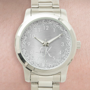 Reloj De Pulsera Monograma del Purpurina Metalizado cepillado de pl
