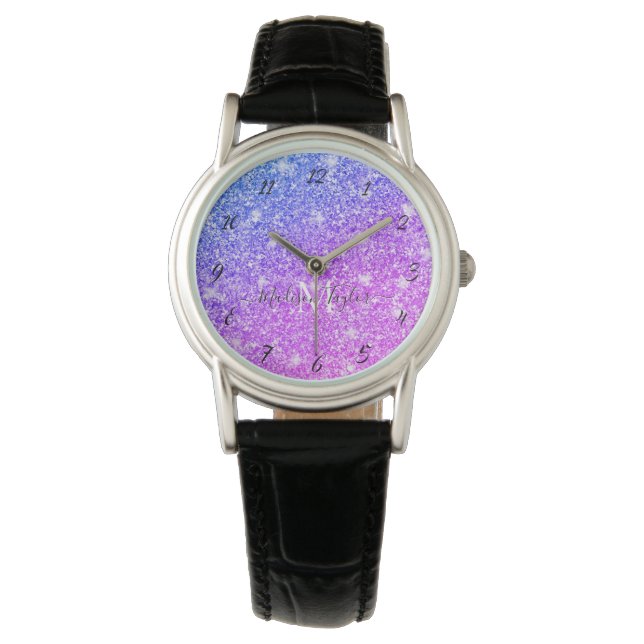 Reloj De Pulsera Monograma del Purpurina morado y rosado Girona (Anverso)