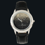 Reloj De Pulsera Monograma del Purpurina negro dorado Nombre de la<br><div class="desc">Reloj de nombres de monograma de Purpurina de guion de esparkle negro y dorado. Esto hace que el dulce perfecto cumpleaños 16,  boda,  ducha de novia,  aniversario,  ducha de bebé o fiesta de soltera sea regalo para alguien que ama el lujo glam y los estilos de moda.</div>