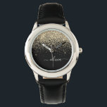Reloj De Pulsera Monograma del Purpurina negro dorado Nombre de la<br><div class="desc">Reloj de nombres de monograma de Purpurina de guion de esparkle negro y dorado. Esto hace que el dulce perfecto cumpleaños 16,  boda,  ducha de novia,  aniversario,  ducha de bebé o fiesta de soltera sea regalo para alguien que ama el lujo glam y los estilos de moda.</div>