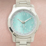 Reloj De Pulsera Monograma del Purpurina plateado Metalizado cepill<br><div class="desc">Personaliza fácilmente este diseño de relojes de moda de moda con un purpurina brillante de bonito plateado sobre un fondo metálico verde azulado cepillado.</div>