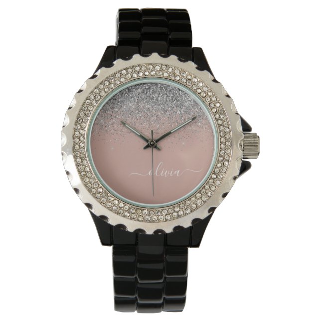 Reloj De Pulsera Monograma del Purpurina plateado rosa de la rosa r (Anverso)