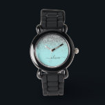 Reloj De Pulsera Monograma del Purpurina plateado Verde azulado azu<br><div class="desc">Aqua Blue - Reloj de nombres de monograma del Purpurina de espuma Verde azulado y plateado. Esto hace que el dulce perfecto cumpleaños 16,  boda,  ducha de novia,  aniversario,  ducha de bebé o fiesta de soltera sea regalo para alguien que ama el lujo glam y los estilos de moda.</div>