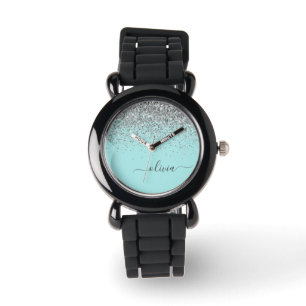 Reloj De Pulsera Monograma del Purpurina plateado Verde azulado azu