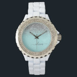 Reloj De Pulsera Monograma del Purpurina plateado Verde azulado azu<br><div class="desc">Aqua Blue - Reloj de nombres de monograma del Purpurina de espuma Verde azulado y plateado. Esto hace que la graduación perfecta, el cumpleaños, el boda, la ducha de novia, el aniversario, la ducha de bebé o la fiesta de soltera sea un regalo para alguien que ama el lujo glam...</div>