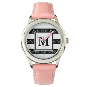 Reloj De Pulsera Monograma Diseño rayado blanco negro