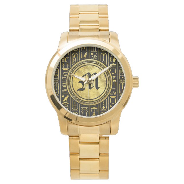Reloj De Pulsera Monograma Egipcio Antiguo Jeroglífico De Oro (Anverso)