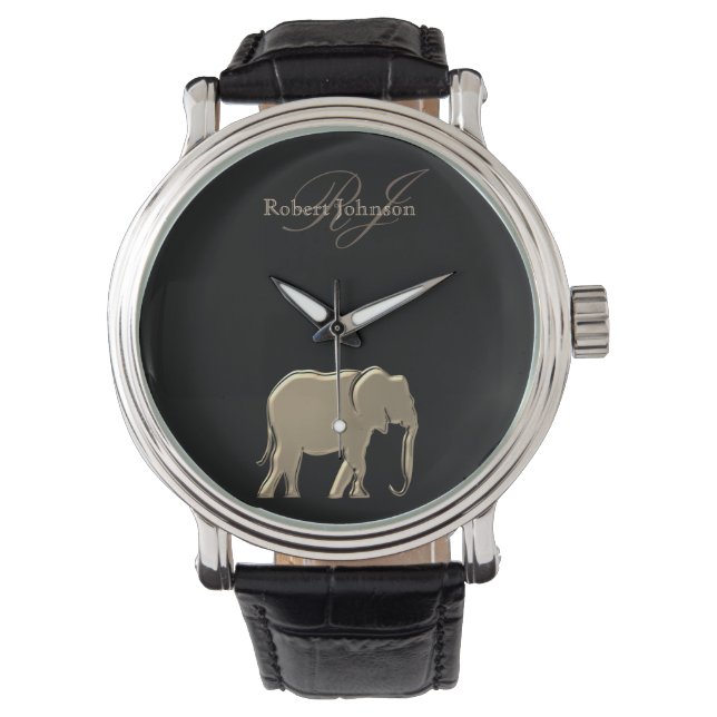 Reloj De Pulsera Monograma elefante negro y dorado elegante lujoso (Anverso)
