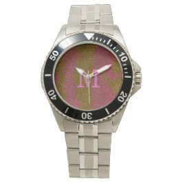 Reloj De Pulsera Monograma Elegante de Brillo Rosa Marrón