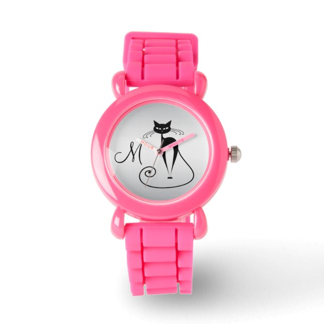 Reloj De Pulsera Monograma elegante del gato negro caprichoso (Anverso)