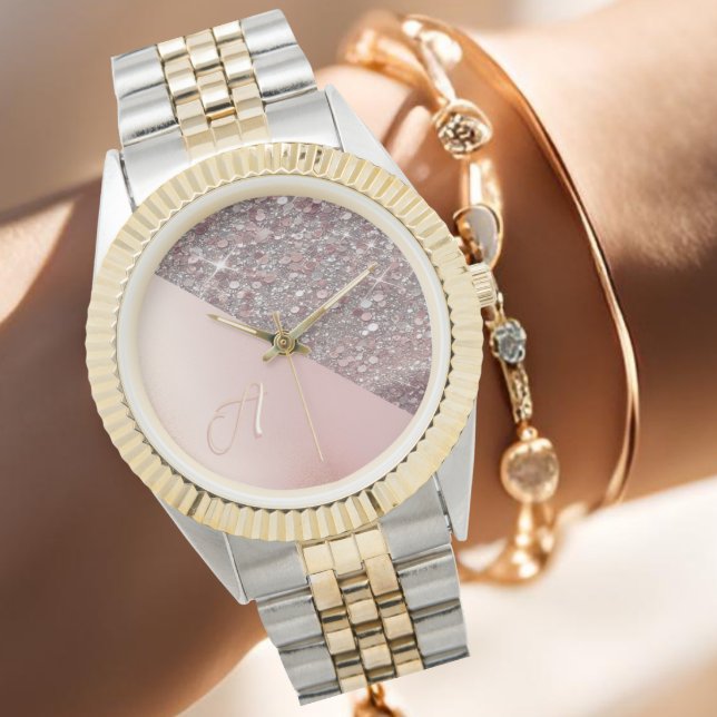 Reloj De Pulsera Monograma Elegante en Rosa de Oro (Elegant rose gold monogram watch with glitter detail, personalized with your first initial.)