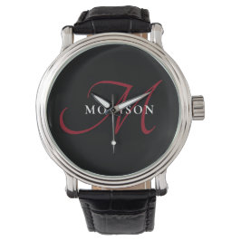 Reloj De Pulsera Monograma elegante moderno de escritura roja negra