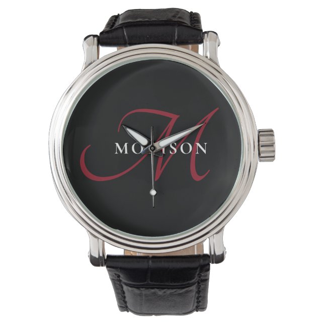 Reloj De Pulsera Monograma elegante moderno de escritura roja negra (Anverso)