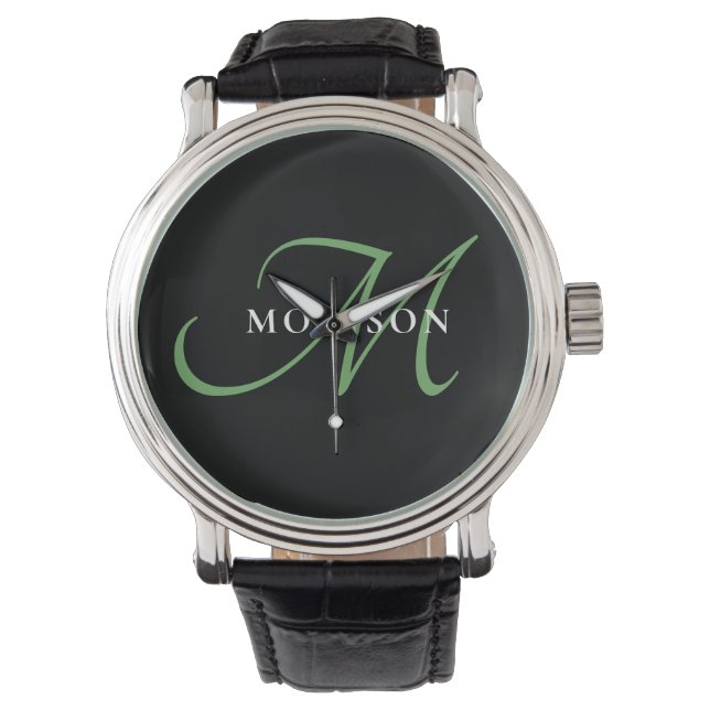 Reloj De Pulsera Monograma elegante moderno de escritura verde negr (Anverso)