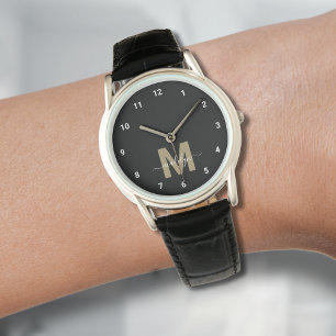 Reloj De Pulsera Monograma Elegante Moderno Negro Dorado