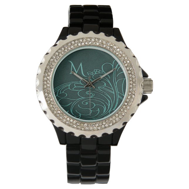 Reloj De Pulsera Monograma elegante remolino azul verdoso moderno (Anverso)