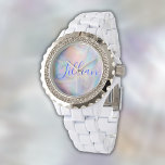 Reloj De Pulsera Monograma en azul sobre la Madre de la Perla |<br><div class="desc">Un hermoso reloj de esmalte blanco Diamante de imitación para mujeres con nombre de monograma en azul sobre fondo madre de perla.</div>