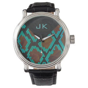 Reloj De Pulsera Monograma Estampado Serpiente Marrón y Verde Agua