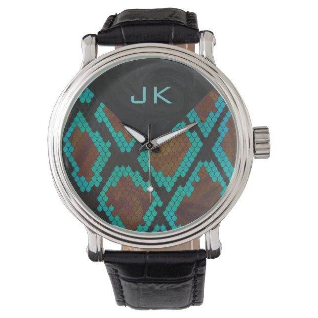 Reloj De Pulsera Monograma Estampado Serpiente Marrón y Verde Agua (Anverso)