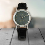Reloj De Pulsera Monograma estilo oro y verde forestal<br><div class="desc">Un reloj de diseño con colores verdes del bosque con un color dorado para el nombre y las letras de monograma. ¡Podría ser una buena idea de regalo para una mujer o un hombre de moda!</div>
