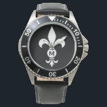 Reloj De Pulsera Monograma Fleur De Lis Moderno Sencillo Blanco y N<br><div class="desc">Reloj Fleur De Lis Monograma Masculino Resistente al Agua - Acero inoxidable y Cuero - Personalice con su inicial o borrar si lo desea. El fleur-de-lis o fleur-de-lys es una flor estilizada de lirio, iris o loto y es un símbolo tradicional de la realeza. Diseño moderno en blanco y negro...</div>