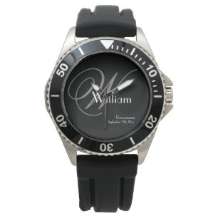 Reloj De Pulsera Monograma Gris Nombre Blanco Clásico Groomsman Rús