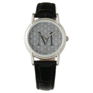 Reloj De Pulsera Monograma gris y blanco náutico del ancla