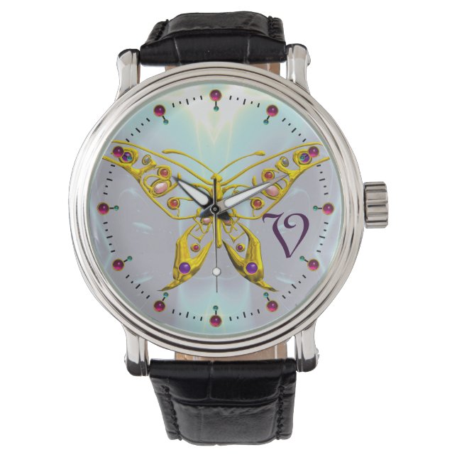 Reloj De Pulsera MONOGRAMA HYPER BUTTERFLY, fractales azules Aqua (Anverso)