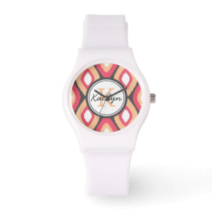 Reloj De Pulsera Monograma Ikat Diamontes Patrón Gris Rosa