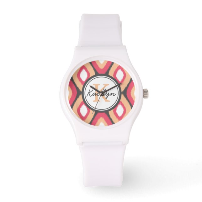 Reloj De Pulsera Monograma Ikat Diamontes Patrón Gris Rosa (Anverso)