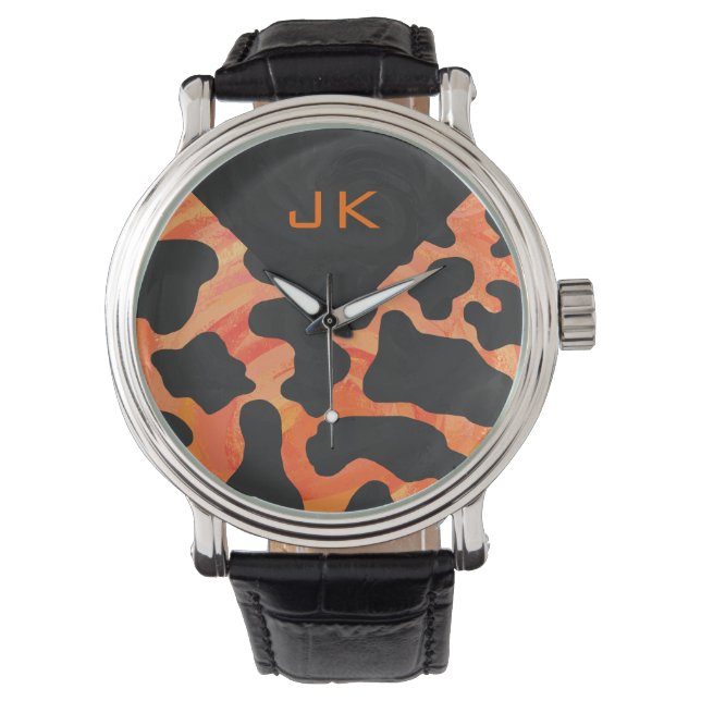 Reloj De Pulsera Monograma impresión de vaca negro y Naranja (Anverso)