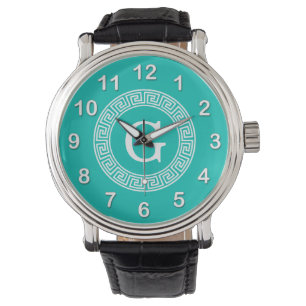 Reloj De Pulsera Monograma inicial de la llave griega blanca verde 