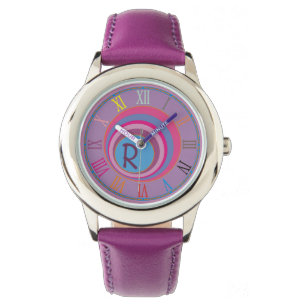 Reloj De Pulsera Monograma inicial Purple Pink Blue Clock Art Girly