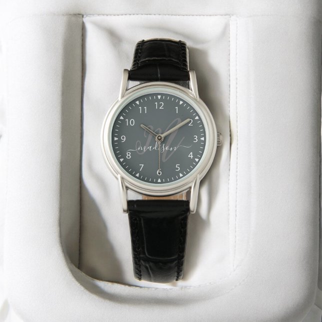 Reloj De Pulsera Monograma inicial y nombre de estilo gris moderno (Subido por el creador)