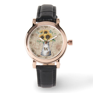 Reloj De Pulsera Monograma Letra Rustic Sunflower Vintage Desconcha