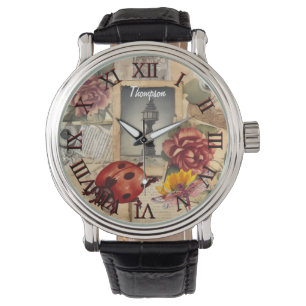 Reloj De Pulsera Monograma lindo ladybug rojo Rústico de arte vinta