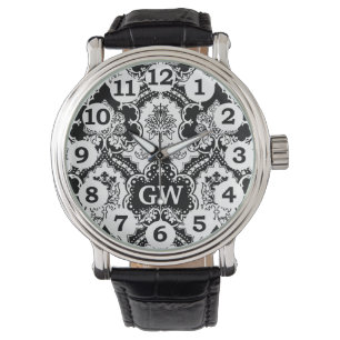 Reloj De Pulsera Monograma Masculino blanco negro de Damasco clásic