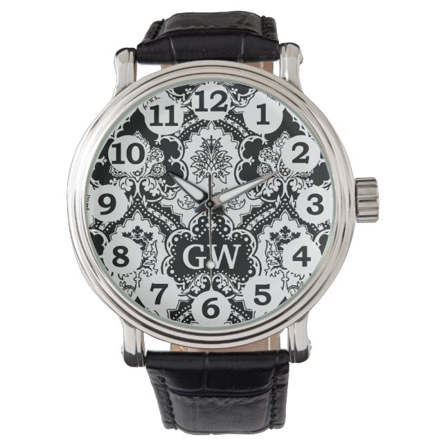 Reloj De Pulsera Monograma Masculino blanco negro de Damasco clásic (Anverso)