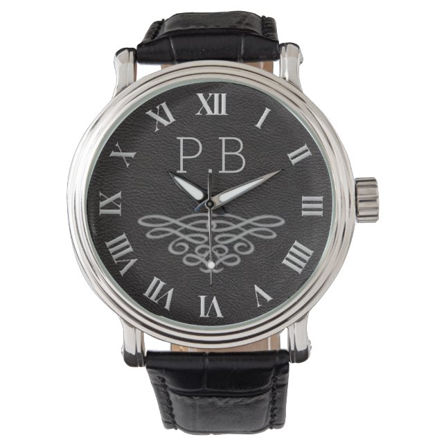 Reloj De Pulsera Monograma masculino plateado y negro (Anverso)