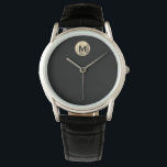 Reloj De Pulsera Monograma mínimo de oro negro<br><div class="desc">Moderna tipografía Minimalista cepillada metálica de oro clásico en bloques Monograma fondo negro inicial</div>