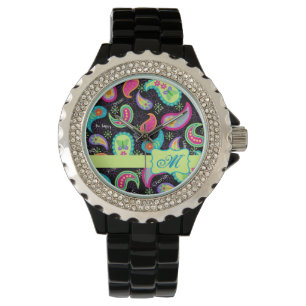 Reloj De Pulsera Monograma moderno colorido negro del modelo de