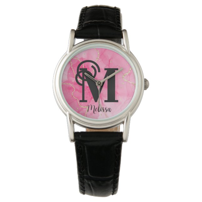 Reloj De Pulsera Monograma moderno de color rosa y dorado (Anverso)